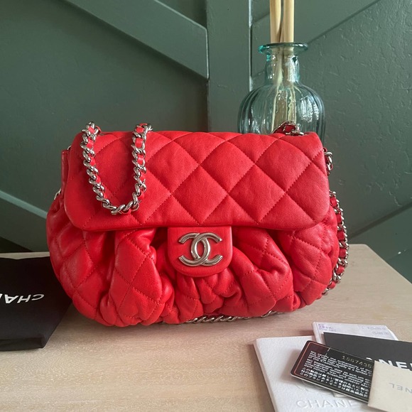 CHANEL Handbags - Chanel Chain Around Crossbody Calfskin Red Silver Small